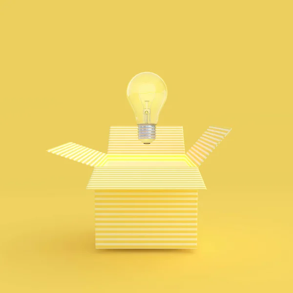 電球は ギフト ボックスの黄色の色とクリッピング パスを超過しました 新しいアイデアと革新コンセプトと最小限のスタイル のレンダリング — ストック写真