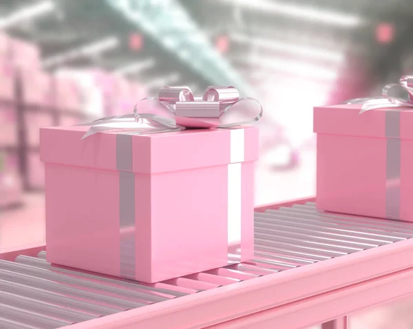 컨베이어 롤러에 분홍색 상자입니다 발렌타인 렌더링 — 스톡 사진