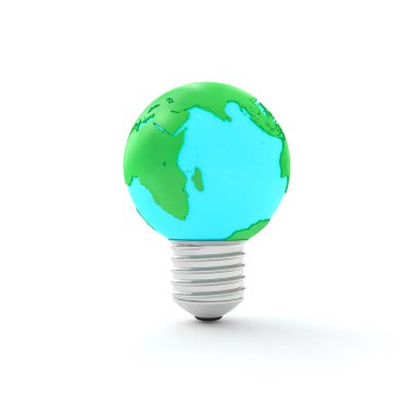 Enerji fikir kavramı, Dünya'ampul beyaz arka planda, 3d Render