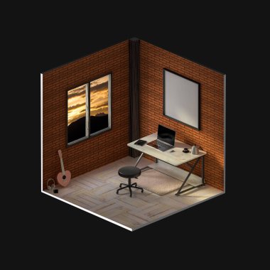 Resepsiyon ahşap masa laptop, fare, fincan kahve, kulaklık, smartphone ve defter ile çalışır. izometrik fikir kavramı 3d render.