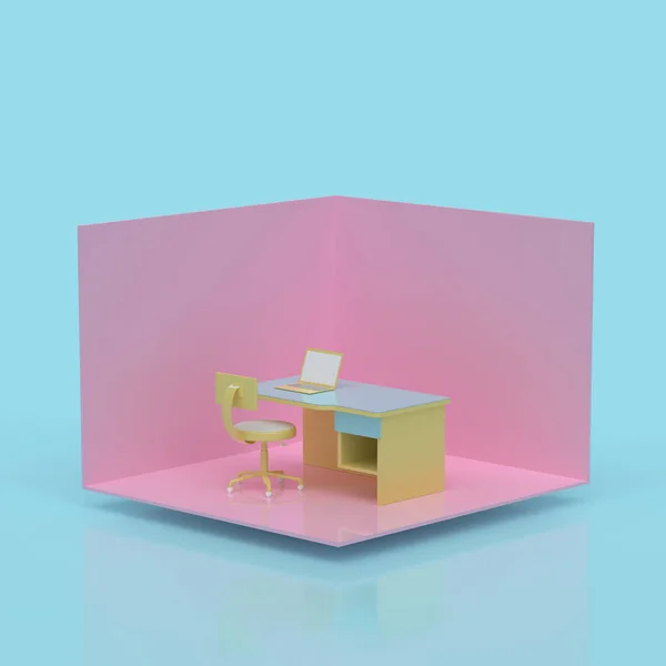 Schreibtisch Mit Laptop Rosa Gelb Und Blau Pastellfarben Isometrisches Konzept — Stockfoto