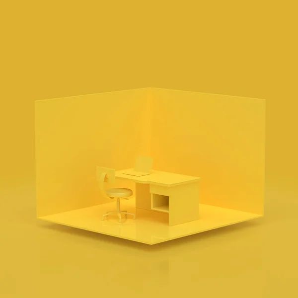 Minimale Concept Bureau Met Laptop Gele Kleur Isometrische Render — Stockfoto