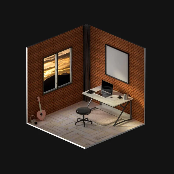 Holztisch Mit Laptop Maus Kaffeebecher Kopfhörer Smartphone Und Notebook Isometrisches — Stockfoto