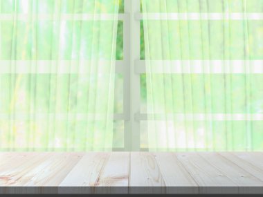 Doğal arka plan fikir kavramı, ahşap masa üstü pencere ve bulanık doğa arka plan. Alan ürünler, 3d render yerleştirmek için.