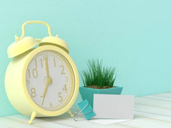 Mock Blank Business Card Clock Work Desk Pastel Color Idea — Stock Photo, Image