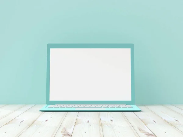pastel color idea concept, Laptop  mock-up on Work desk wooden table on blue background. 3d render.