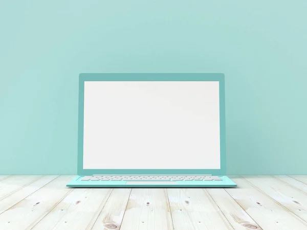 pastel renk fikir kavramı, Laptop mock-up iş Danışma ahşap masa mavi arka plan üzerinde üzerinde. 3D render.