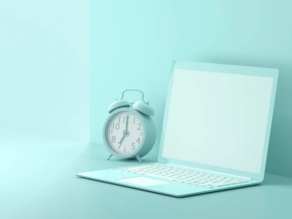 Minimal idea concept, Laptop  mock-up on Work desk and clock blue color on blue background. 3d render.
