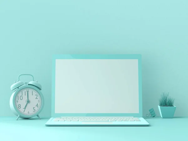 en az fikir kavramı, Laptop mock-up saat, Ciltçi klibini ve küçük ağaç mavi renk mavi arka plan üzerinde çalışma masası üzerinde. 3D render.