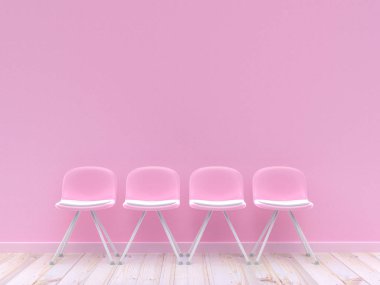 Beton duvar pembe pastel pembe sandalyeler dört arka planını renklendirin. 3D render.