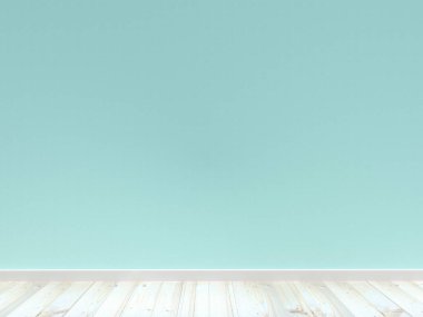 Beton duvar mavi rengi ve arka plan için ahşap zemin. 3D render.