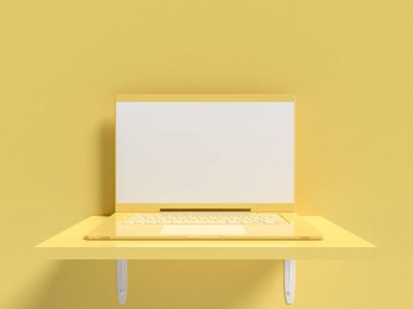 En az fikir kavramı. Dizüstü mock-up Raf ahşap sarı pastel renk beton duvar arka plan üzerinde. 3D render.