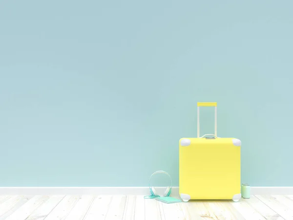 Minimal Idea Concept Suitcase Yellow Color Wooden Floor Render — Stock Photo, Image