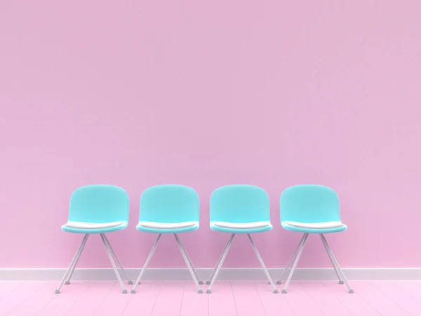 Beton duvar pembe pastel dört mavi sandalye arka planını renklendirin. 3D render.