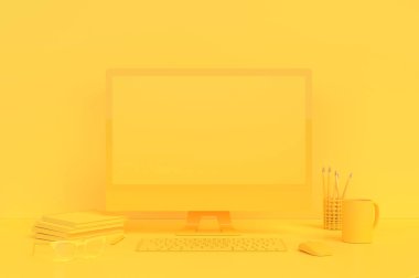 En az fikir kavramı, bilgisayar mock-up iş Danışma ahşap tablo dizüstü bilgisayar, klavye, fare ve kalem rengi sarı zemin üzerine sarı. 3D render.