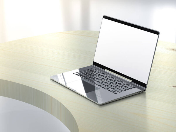 Laptop on work desk in workplace with copy space for your text, 3d render.