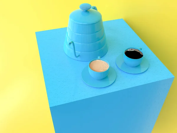 Концепция Пастельной Идеи Кофе Цвете Синий Цвет Желтом Фоне Рендер — стоковое фото