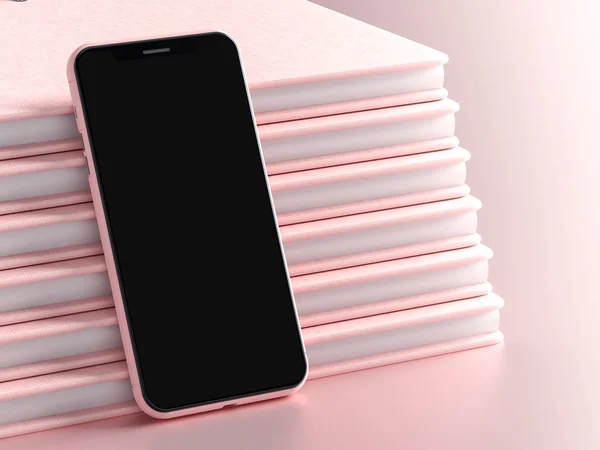 Smartphone Attrappe Rosa Neben Notizbuch Auf Rosa Hintergrund Mit Renderer — Stockfoto