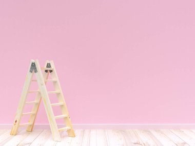 Beton duvar pembe renk ve arka plan için ahşap zemin üzerinde merdiven ahşap. 3B render.