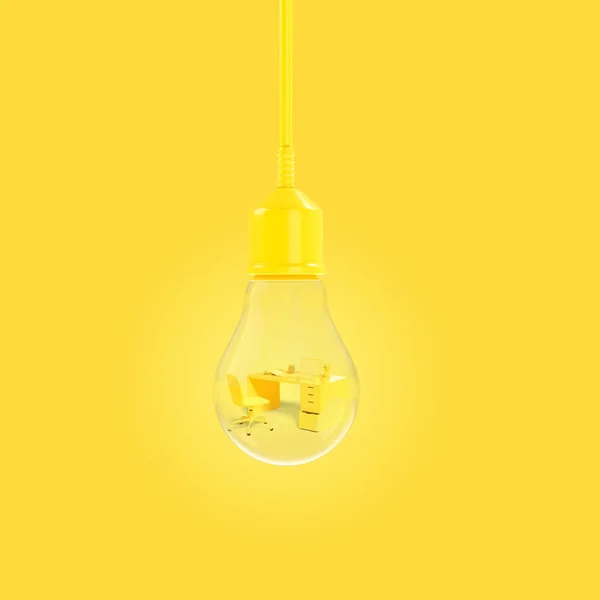 Minimalna koncepcja idei. biurko do pracy w żarówek żółty kolor. — Zdjęcie stockowe