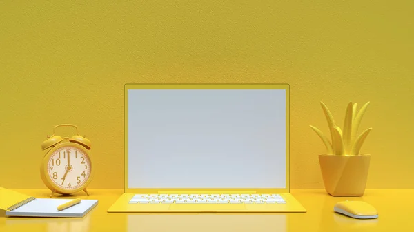Minimal fikir kavramı, çalışma masasında dizüstü arka plan sarı renk ve mock-up ile metin için Notebook, fare, ağaç ve saat. 3B render.