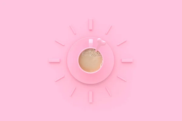 Καφέ σε ροζ φλιτζάνι δημιουργικό για το χρόνο. — Φωτογραφία Αρχείου