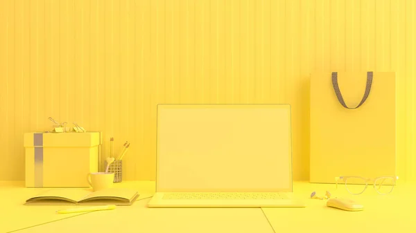 최소한의 아이디어 노트북 마우스 선글라스와 상자와 테이블 노란색 색상에 노트북 — 스톡 사진
