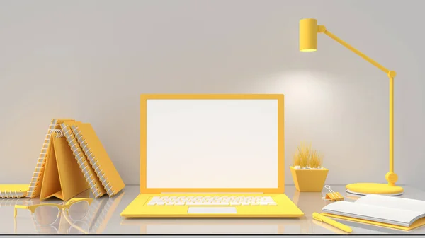 Макет ноутбука на столе рабочего стола желтого цвета — стоковое фото
