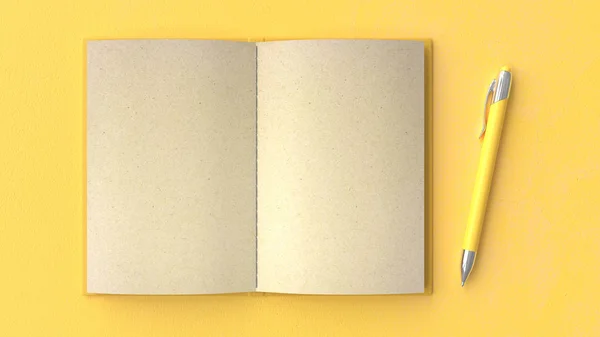Notizbuch und Stift gelber Hintergrund. — Stockfoto