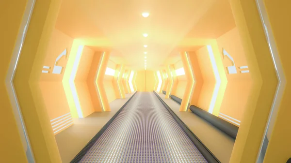 Yellow spaceship sci-fi corridor.