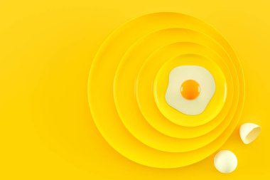 Bir sürü tabakta çırpılmış yumurta. Gıda ve sağlık fikri konsepti, 3D Render.