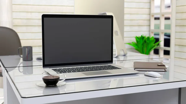 笔记本电脑放在桌上写字台在办公室 电脑模拟你的文字与笔记本 鼠标和咖啡杯 3D渲染 — 图库照片