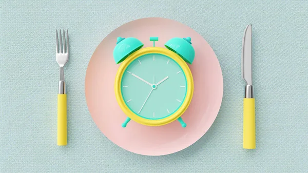 Pembe pastel tabakta çalar saat. Çatal ve bıçak kumaş mavi-yeşil arka planda. Mola zamanı kavramı. 3B Hazırlama.