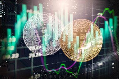 Modern bir takas yöntemi. Bitcoin küresel ekonomi piyasasında uygun bir ödemedir. Sanal dijital para birimi ve finansal yatırım ticaret kavramı. Altın bitcoin arka planına sahip soyut kripto para birimi.