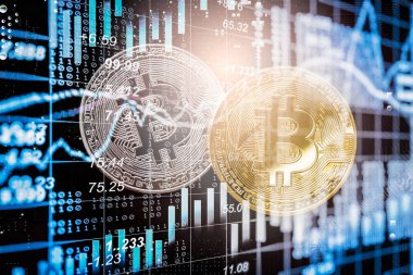 Modern bir takas yöntemi. Bitcoin küresel ekonomi piyasasında uygun bir ödemedir. Sanal dijital para birimi ve finansal yatırım ticaret kavramı. Altın bitcoin arka planına sahip soyut kripto para birimi.