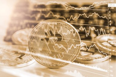 Modern bir takas yöntemi. Bitcoin küresel ekonomi piyasasında uygun bir ödemedir. Sanal dijital para birimi ve finansal yatırım ticaret kavramı. Altın bitcoin arka planına sahip soyut kripto para birimi.