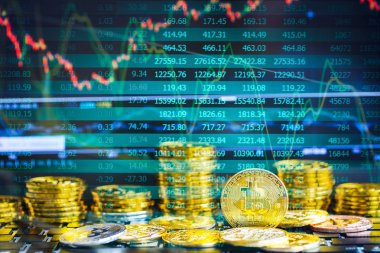 Modern bir takas yöntemi. Bitcoin küresel ekonomi piyasasında uygun bir ödemedir. Sanal dijital para birimi ve finansal yatırım ticaret kavramı. Altın bitcoin arka planına sahip soyut kripto para birimi.