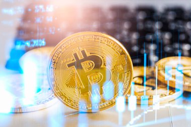 Modern bir takas yöntemi. Bitcoin küresel ekonomi piyasasında uygun bir ödemedir. Sanal dijital para birimi ve finansal yatırım ticaret kavramı. Altın bitcoin arka planına sahip soyut kripto para birimi.