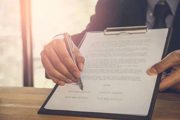 Business Man Signing Contract Owns Business Sign Personally Director Company — Stock Photo, Image