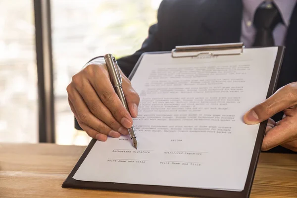 Business Man Signing Contract Owns Business Sign Personally Director Company — Stock Photo, Image