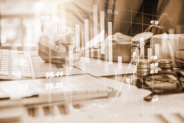 Çift pozlama işadamı ve borsa veya forex grafik takım elbise