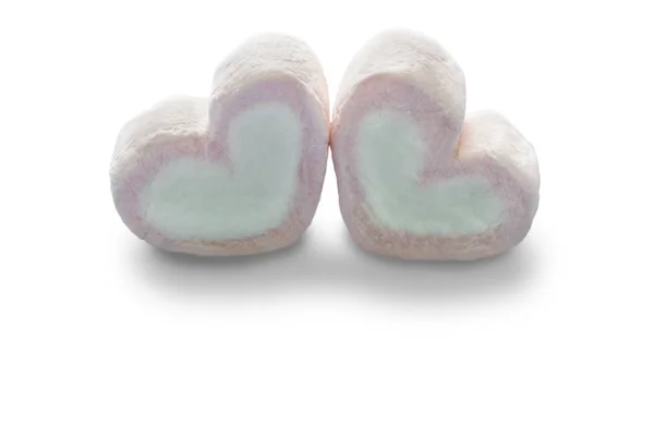 关闭心形的棉花糖 在白色背景上与剪切路径隔离 情人节概念上的爱情主题 粉红心脏棉花糖迪切与路径简单地使用创建您的设计 — 图库照片