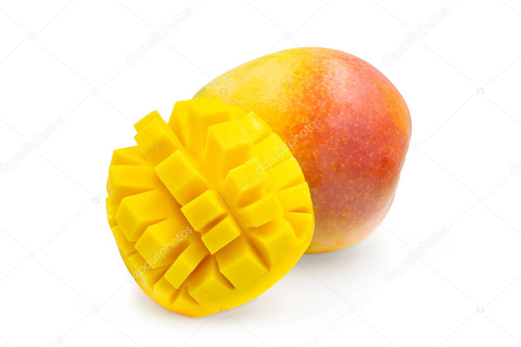 Whole ripe R2E2 mango and slice shape so juicy and fresh on