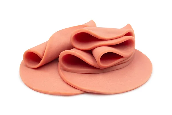 Sliced Bologna Sausage Rolled Heap White Isolated Background Clipping Path — 图库照片