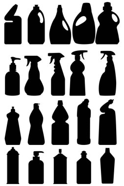 Temizlik ürünleri için şişeler siluet vektör çizimleri ayarlandı