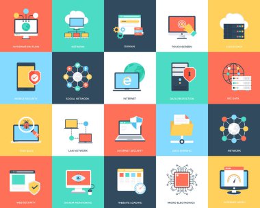 Internet teknolojisi ve güvenlik düz Icons Set