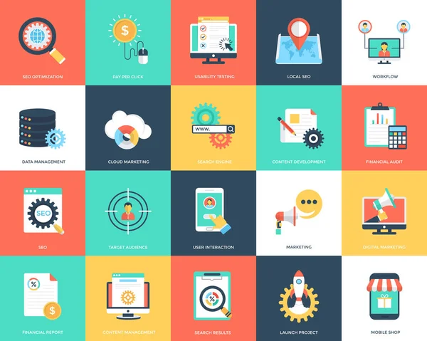 Set Iconos Vectoriales Planos Seo Marketing — Vector de stock