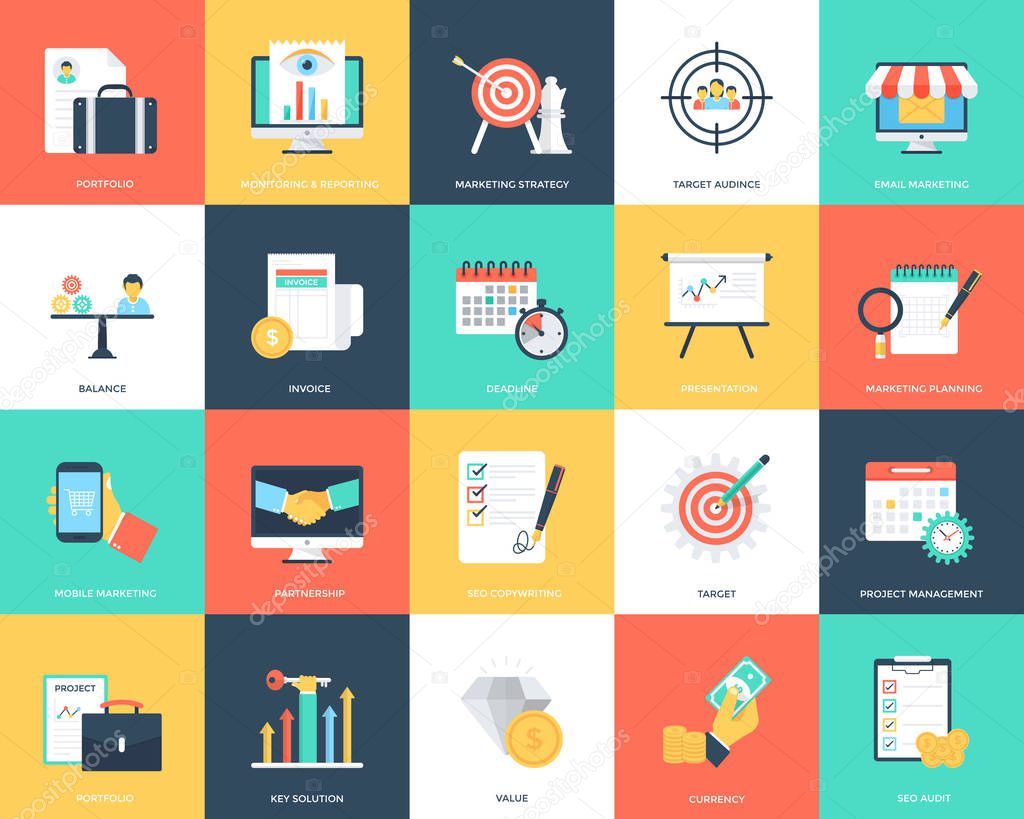 Collection of Seo and Marketing Flat Vector Icons 
