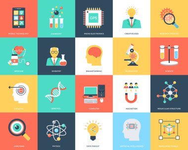 Bilim ve teknoloji düz vektör simgeler 