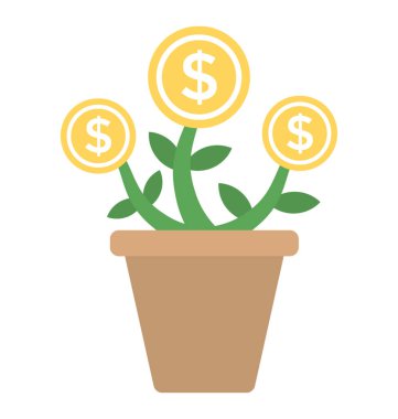 Bir bitki pot ile finansal büyüme düz vektör simge kavramı temsil eden dolar paraları